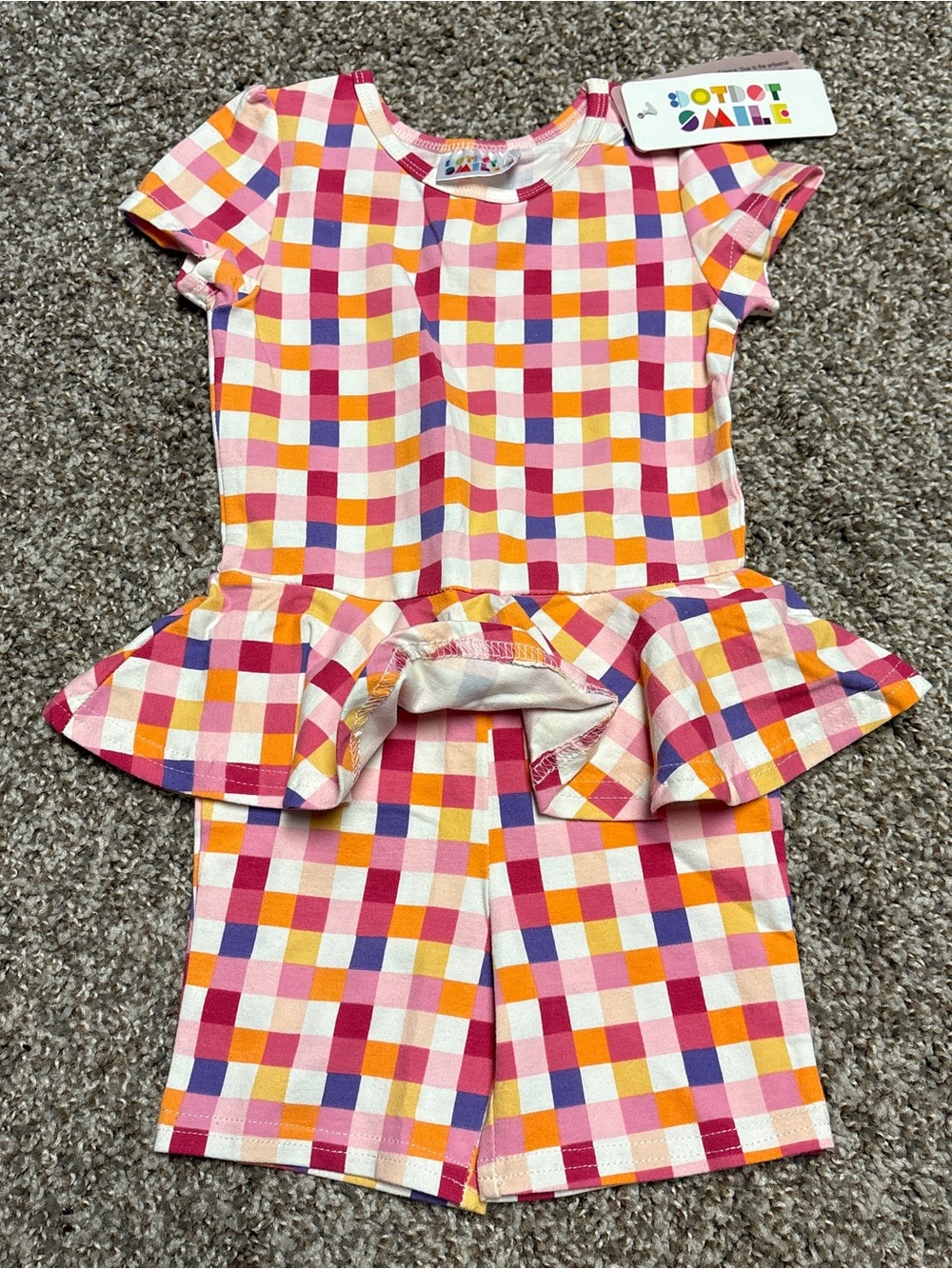 Dot Dot Smile Pink Orange Multi Plaid Peplum Romper